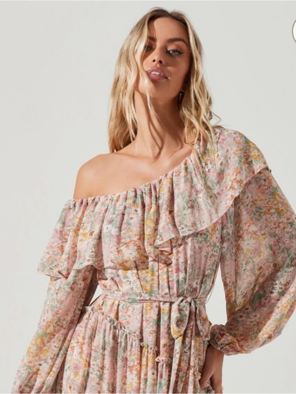 Astr Kaylani One-Shoulder Ruffle Floral Maxi Dress - Pink & Yellow